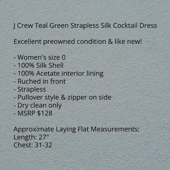 J Crew Size 0 Teal Green Strapless Silk Cocktail Dress - Picture 4 of 6